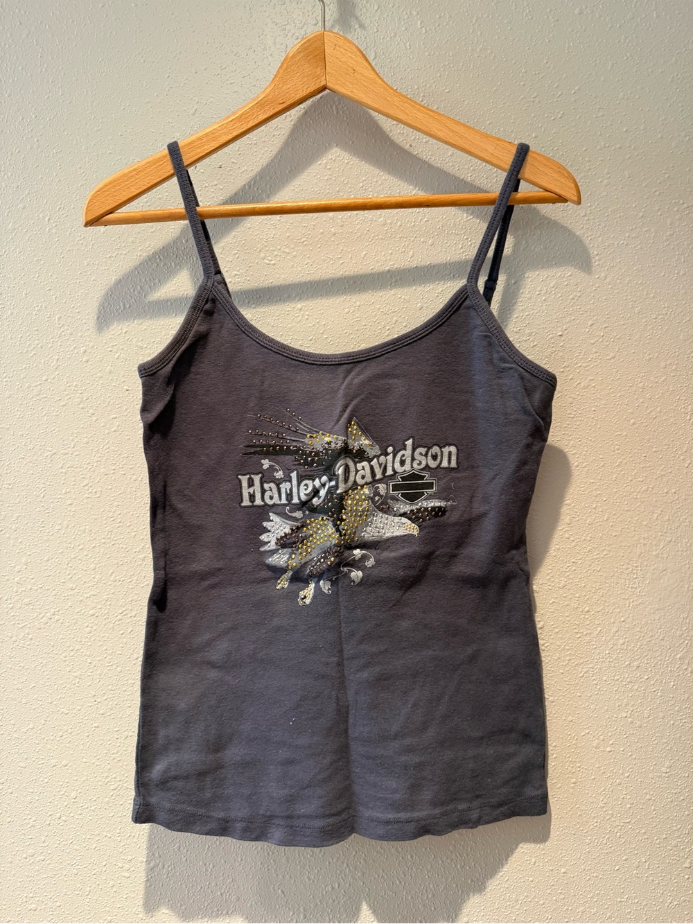 Harley-Davidson Rhinestone Eagle Cami Tank Top Grey Spaghetti Strap large